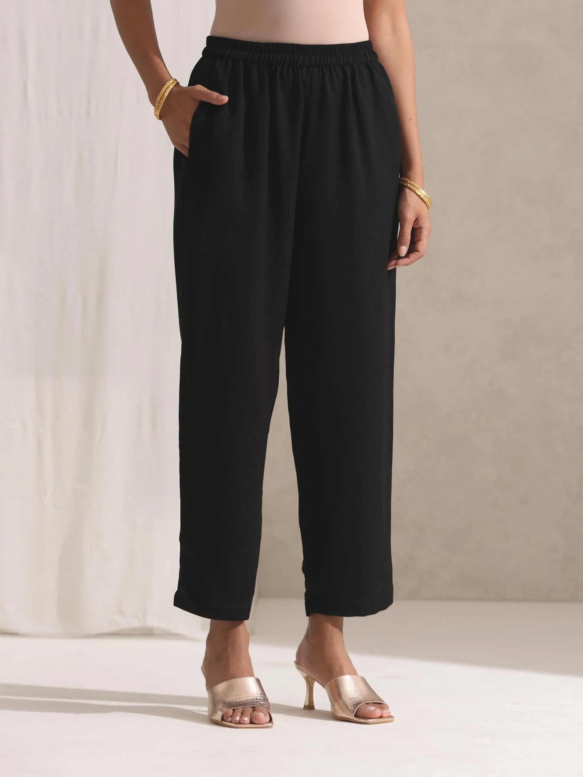 2 Pc SET - Black Korean Embroidered Kaftan and Pyjama