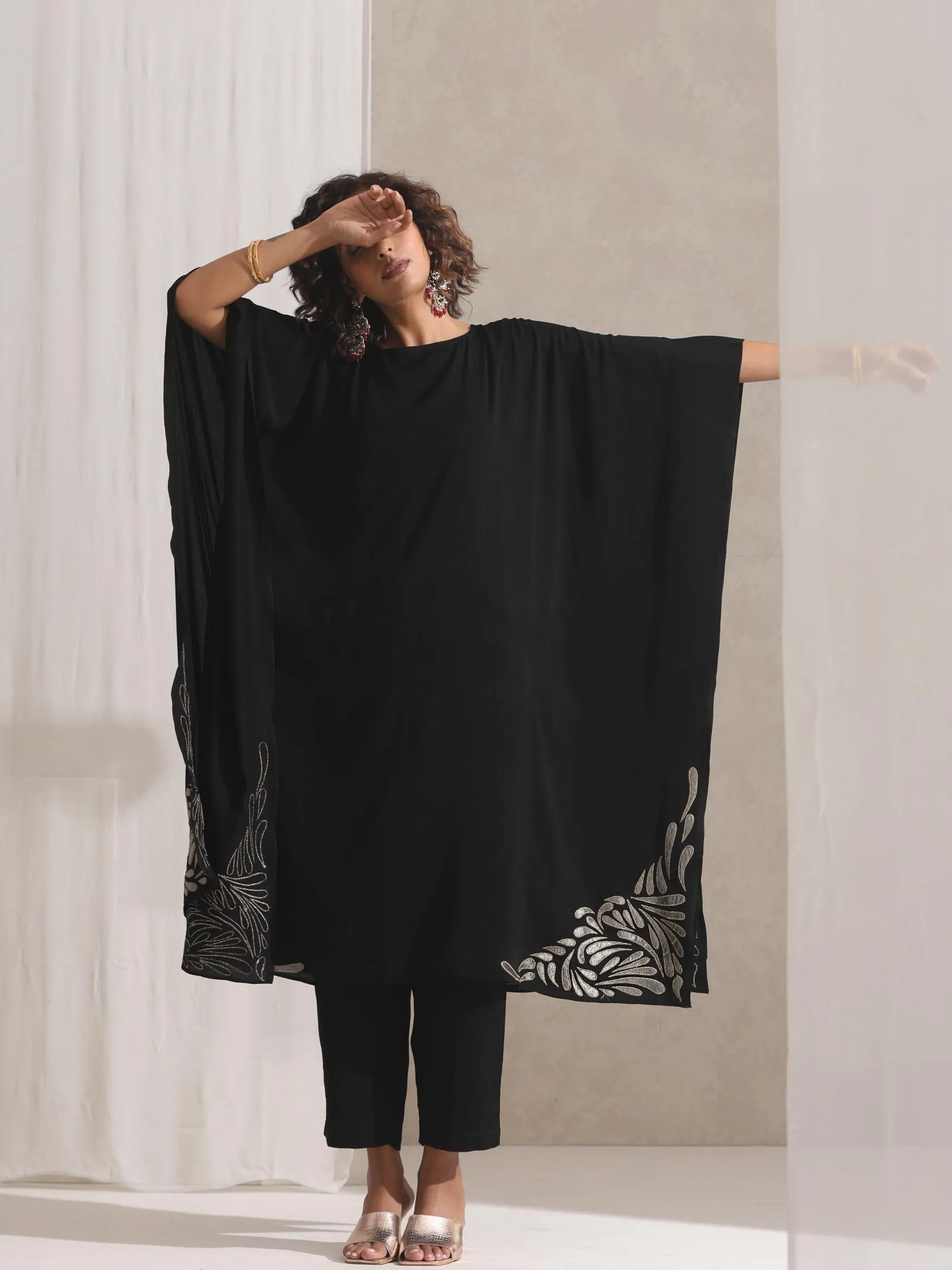 2 Pc SET - Black Korean Embroidered Kaftan and Pyjama
