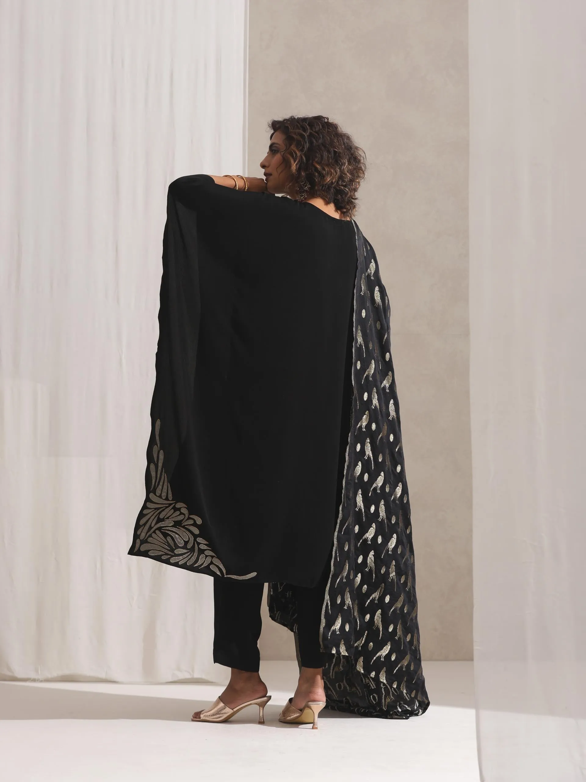 2 Pc SET - Black Korean Embroidered Kaftan and Pyjama