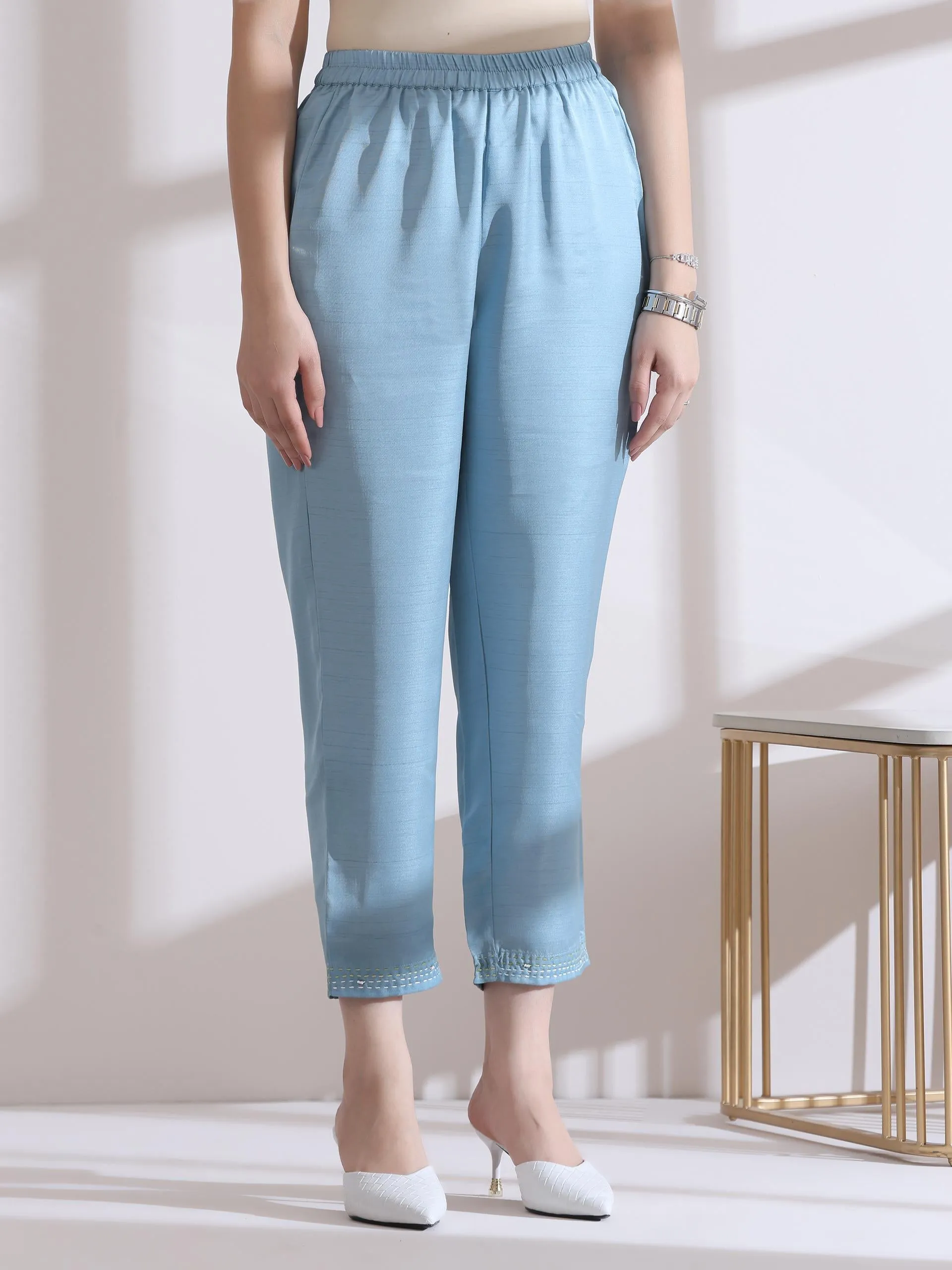 2 Pc Set - Prf'T Lux Blue Hand Stitched Yoke Sleeveless Kurta With Pants