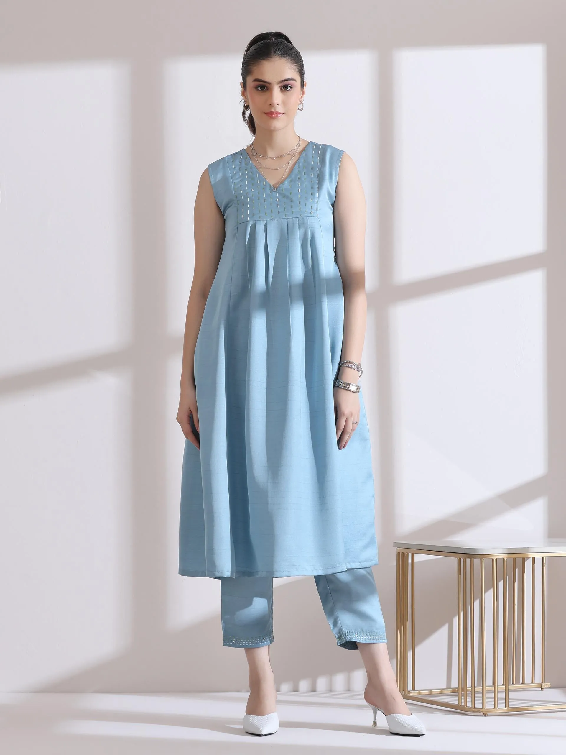 2 Pc Set - Prf'T Lux Blue Hand Stitched Yoke Sleeveless Kurta With Pants