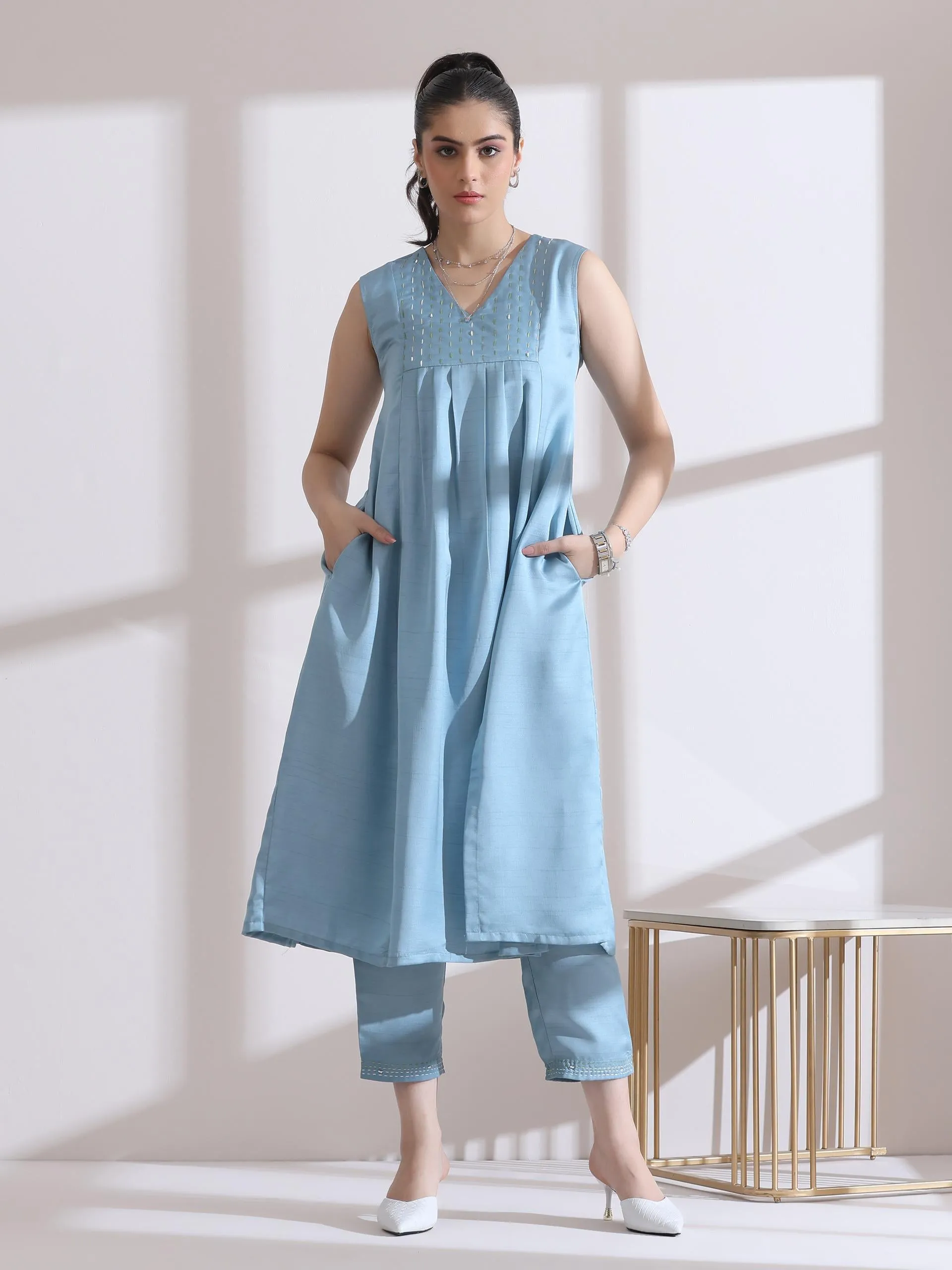 2 Pc Set - Prf'T Lux Blue Hand Stitched Yoke Sleeveless Kurta With Pants