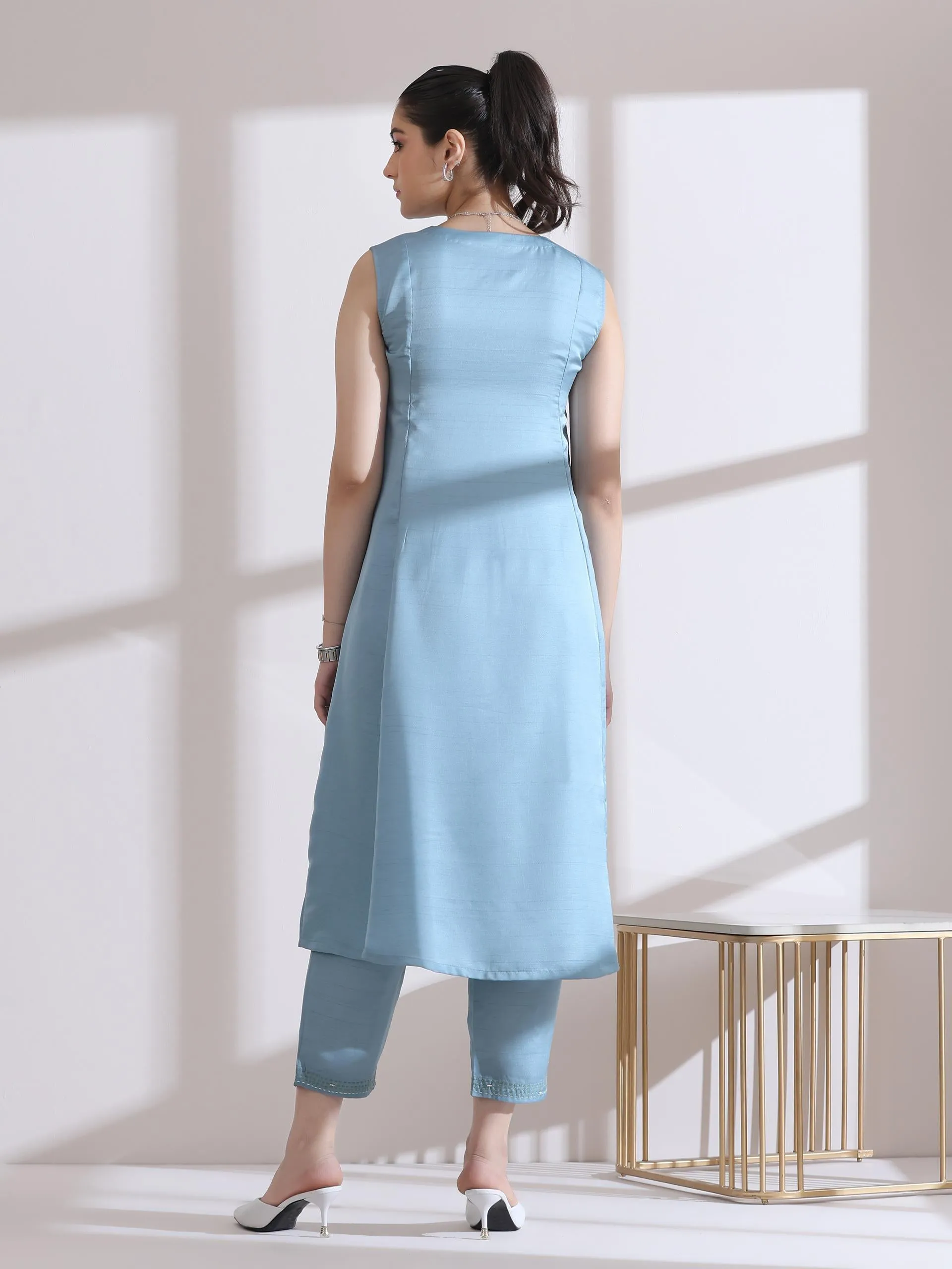 2 Pc Set - Prf'T Lux Blue Hand Stitched Yoke Sleeveless Kurta With Pants