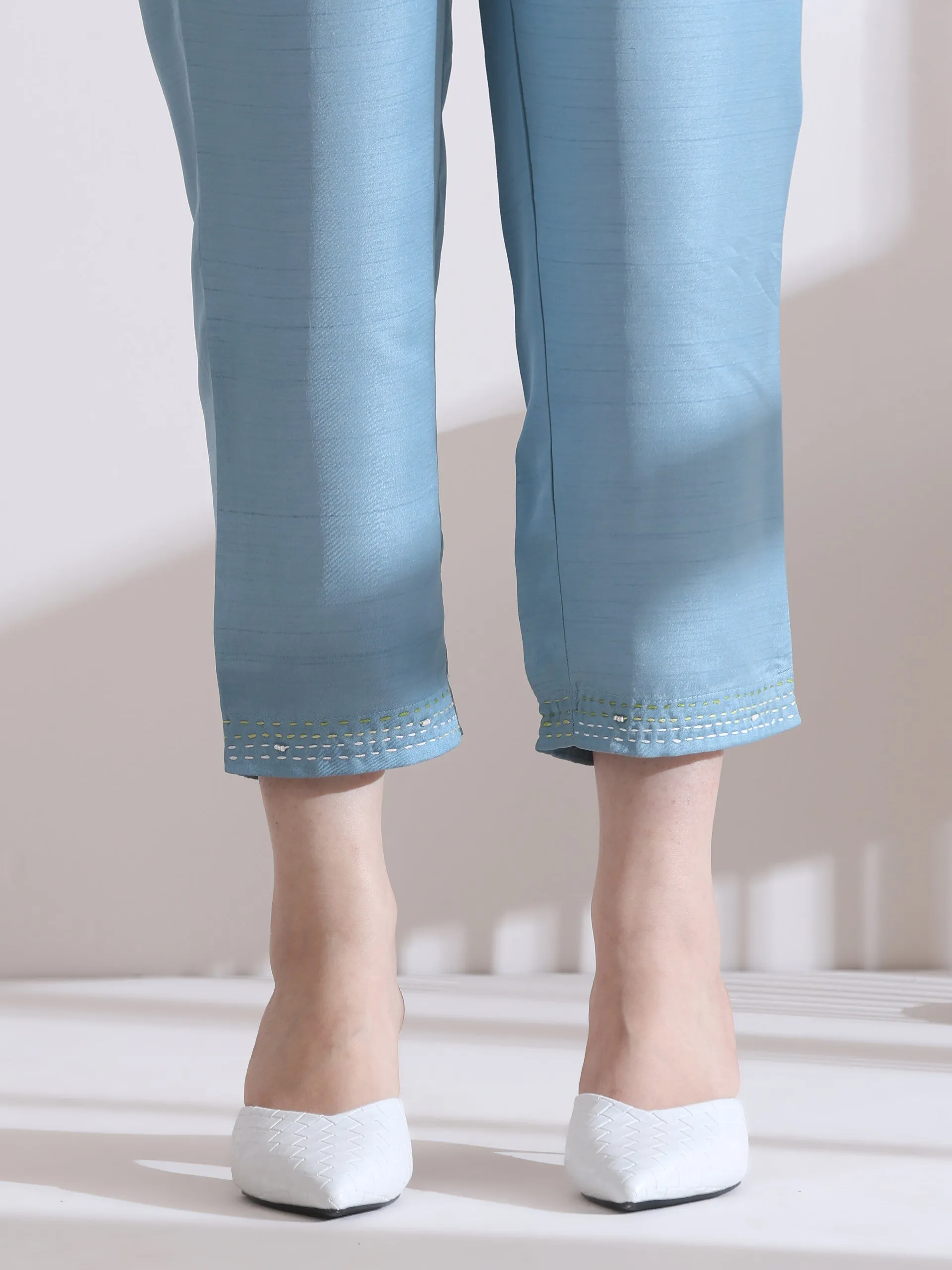 2 Pc Set - Prf'T Lux Blue Hand Stitched Yoke Sleeveless Kurta With Pants