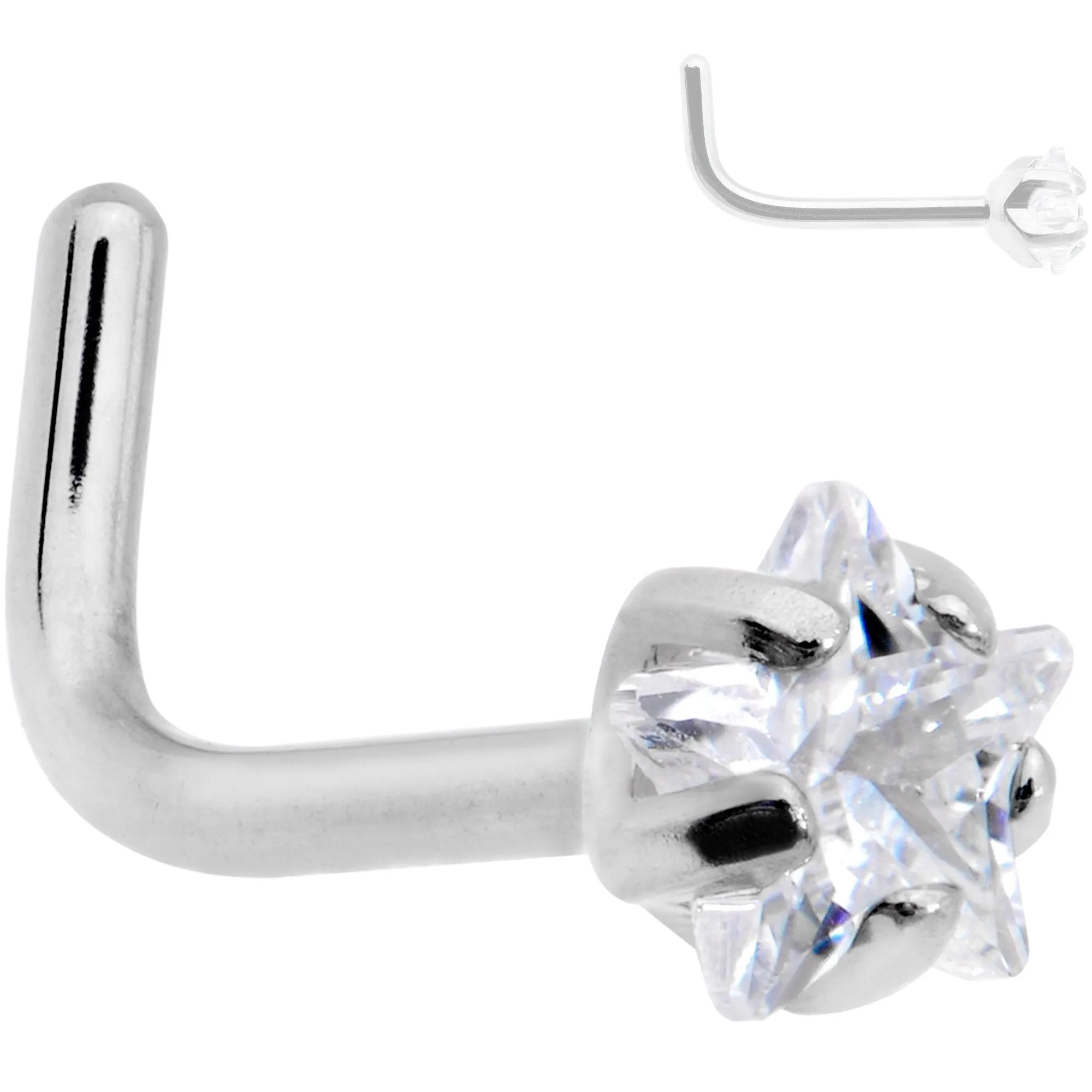 20 Gauge Clear 3mm CZ Star Gem Grade 23 Titanium L Shaped Nose Ring