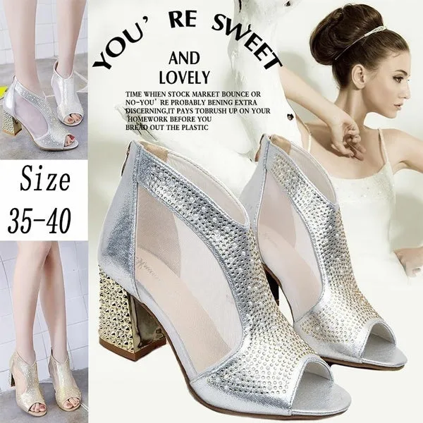 7cm High Heels Diamond Summer Square Heel Shoes Wedding Shoes