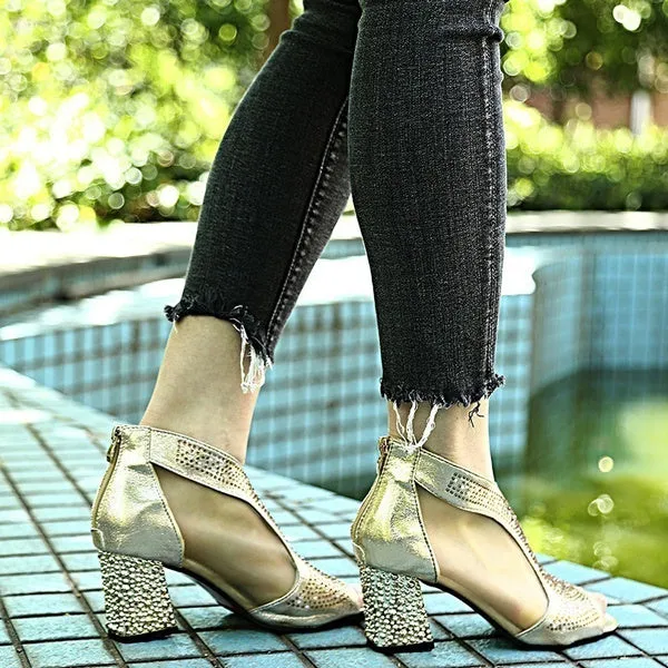 7cm High Heels Diamond Summer Square Heel Shoes Wedding Shoes