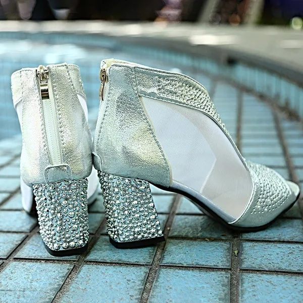 7cm High Heels Diamond Summer Square Heel Shoes Wedding Shoes