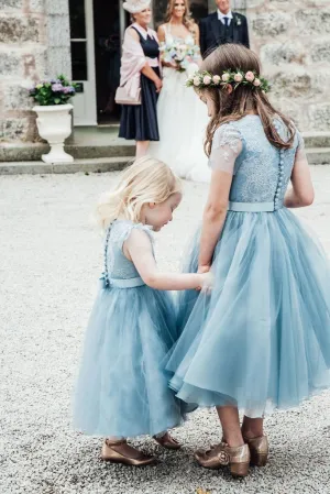A-Line Blue Lace Top Tulle Scoop Sleeveless Cheap Flower Girl Dress OHR023