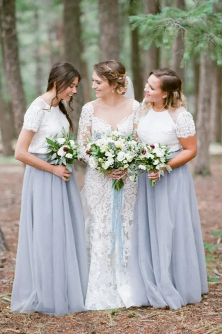 A-Line Crew Short Sleeves Floor-Length Grey Bridesmaid Dress with Lace OHS049