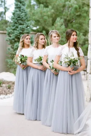 A-Line Crew Short Sleeves Floor-Length Grey Bridesmaid Dress with Lace OHS049
