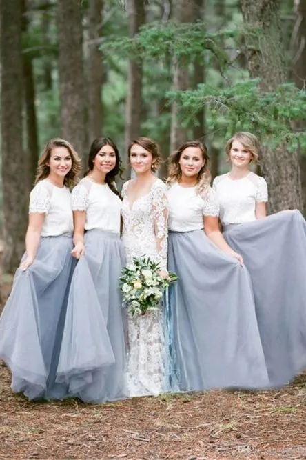 A-Line Crew Short Sleeves Floor-Length Grey Bridesmaid Dress with Lace OHS049