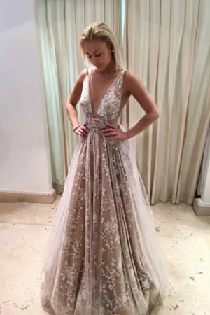 A-Line Deep V-Neck Long Backless Champagne Tulle Prom Dress with Lace OHC096