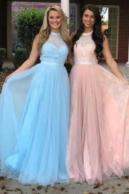A-Line Halter Floor-Length Pink Tulle Prom Dress with Sash Lace OHC100
