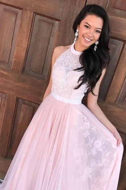 A-Line Halter Floor-Length Pink Tulle Prom Dress with Sash Lace OHC100