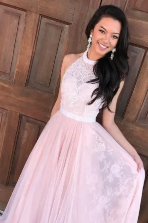 A-Line Halter Floor-Length Pink Tulle Prom Dress with Sash Lace OHC100
