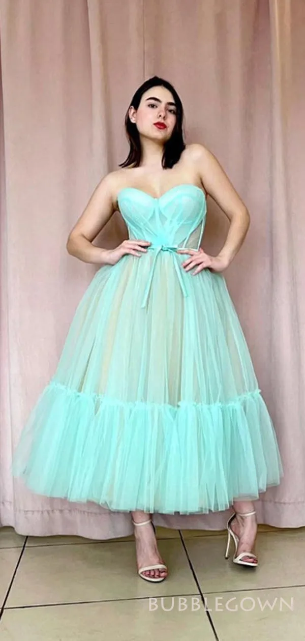 A-line Mint Green Tulle Strapless Long Evening Prom Dresses, Custom Prom Dress, BGS0169