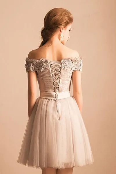 A Line Off-the-shoulder Cap Sleeves Tulle Homecoming Dress Short Prom Dress Party Dress OHM120