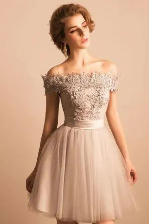 A Line Off-the-shoulder Cap Sleeves Tulle Homecoming Dress Short Prom Dress Party Dress OHM120