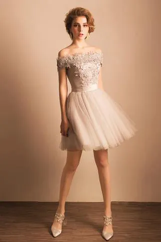 A Line Off-the-shoulder Cap Sleeves Tulle Homecoming Dress Short Prom Dress Party Dress OHM120