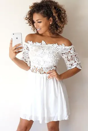 A-Line Off-the-Shoulder Half Sleeves White Homecoming Dress with Lace OHM074