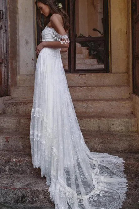 A-Line Off-the-Shoulder Lace Beach Wedding Dress with Appliques OHD017