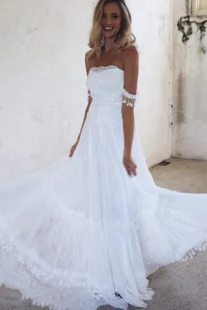 A-Line Off-the-Shoulder Lace Beach Wedding Dress with Appliques OHD017