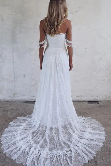 A-Line Off-the-Shoulder Lace Beach Wedding Dress with Appliques OHD017