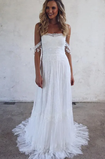 A-Line Off-the-Shoulder Lace Beach Wedding Dress with Appliques OHD017