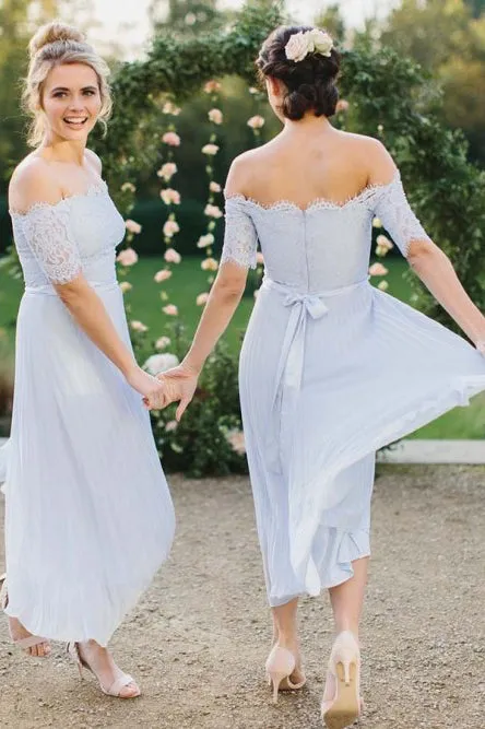 A-Line Off-the-Shoulder Pleated Chiffon Bridesmaid Dress with Lace OHS050