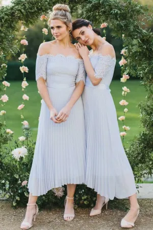 A-Line Off-the-Shoulder Pleated Chiffon Bridesmaid Dress with Lace OHS050