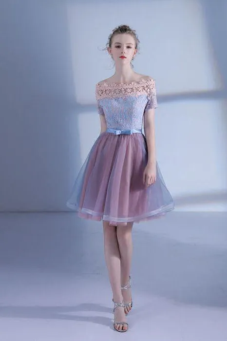 A Line Off-the-shoulder Short Sleeve Lace Short Prom Dress Tulle Homecoming Dress Party Dress OHM106