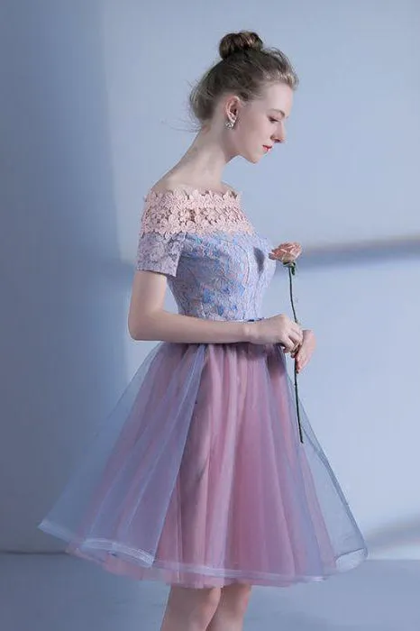 A Line Off-the-shoulder Short Sleeve Lace Short Prom Dress Tulle Homecoming Dress Party Dress OHM106