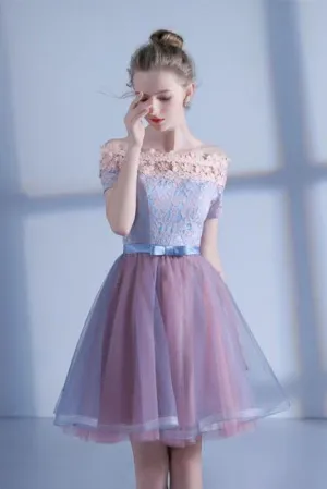 A Line Off-the-shoulder Short Sleeve Lace Short Prom Dress Tulle Homecoming Dress Party Dress OHM106
