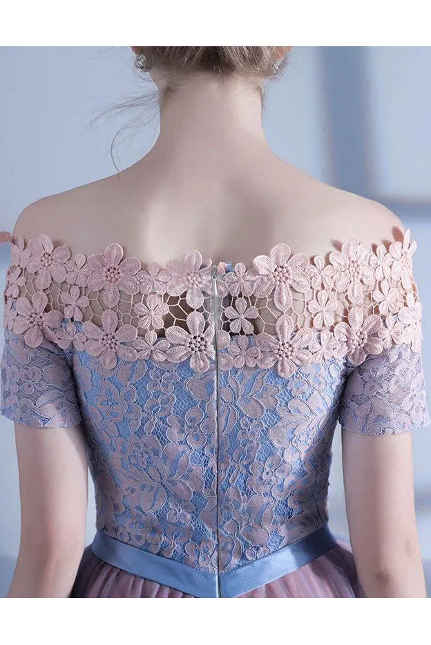 A Line Off-the-shoulder Short Sleeve Lace Short Prom Dress Tulle Homecoming Dress Party Dress OHM106
