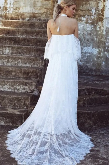 A-Line Off-the-Shoulder Sweep Train Lace Beach Wedding Dress OHD019