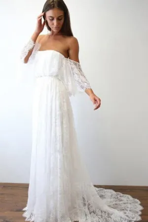 A-Line Off-the-Shoulder Sweep Train Lace Beach Wedding Dress OHD019
