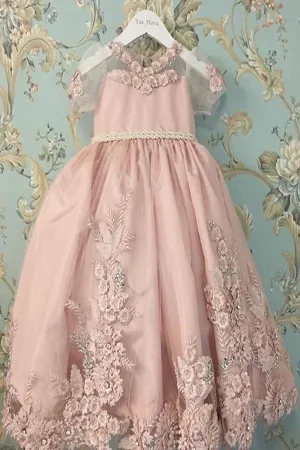 A Line Scoop Neck Short Sleeves Bowknot Lace Appliques Flower Girl Dresses OHR026
