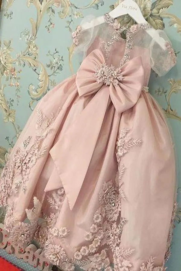 A Line Scoop Neck Short Sleeves Bowknot Lace Appliques Flower Girl Dresses OHR026