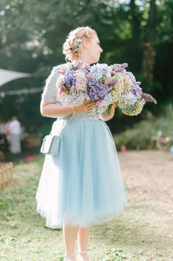 A-line Scoop Tea-length Short Sleeves 3D Flower Short Tulle Bridesmaid Dresses OHS119