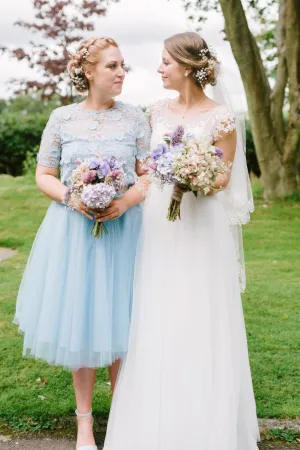 A-line Scoop Tea-length Short Sleeves 3D Flower Short Tulle Bridesmaid Dresses OHS119