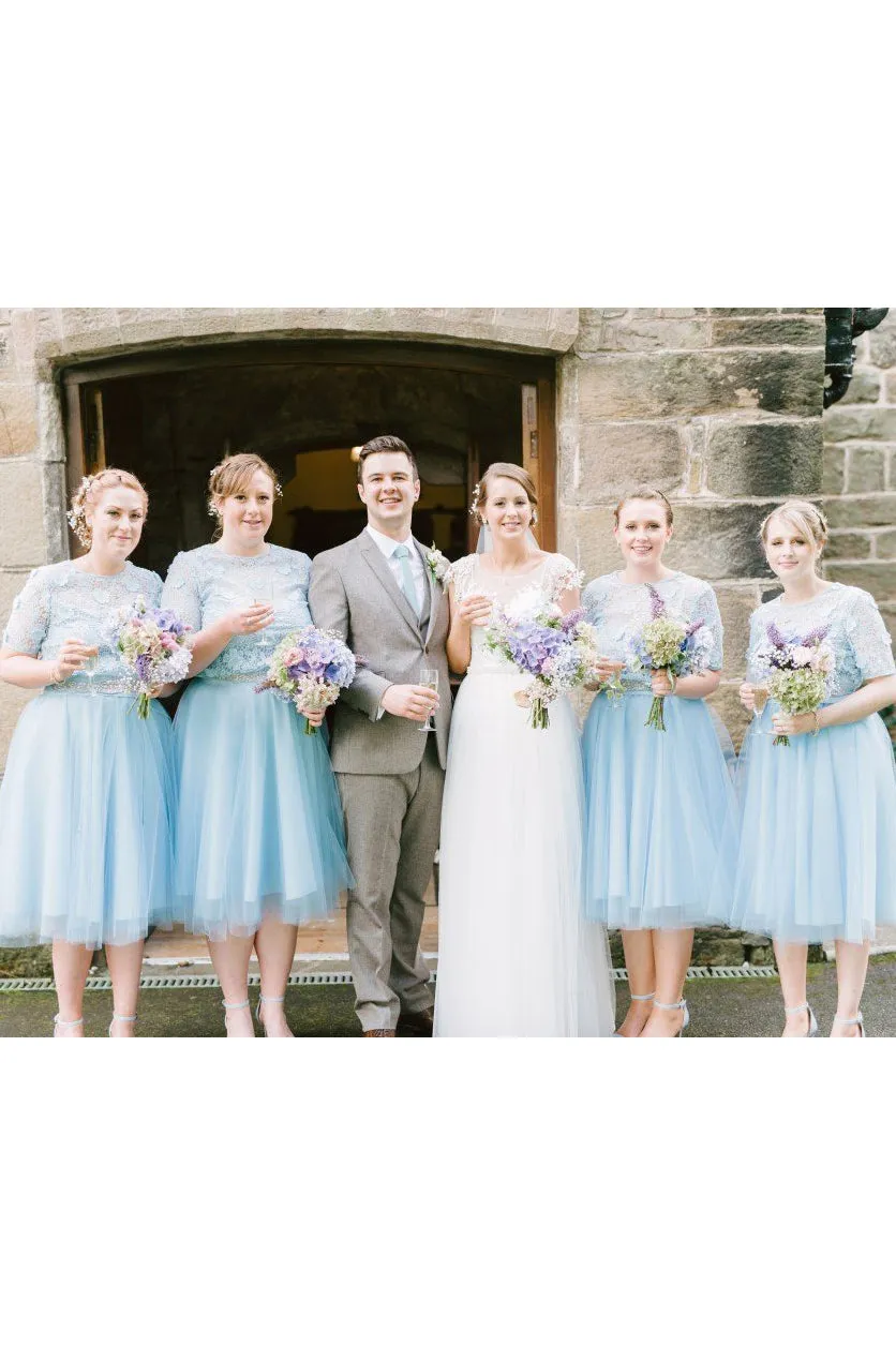 A-line Scoop Tea-length Short Sleeves 3D Flower Short Tulle Bridesmaid Dresses OHS119
