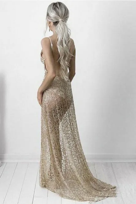 A-Line Spaghetti Straps Sweep Train Champagne Lace Prom Dress OHC050