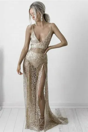 A-Line Spaghetti Straps Sweep Train Champagne Lace Prom Dress OHC050
