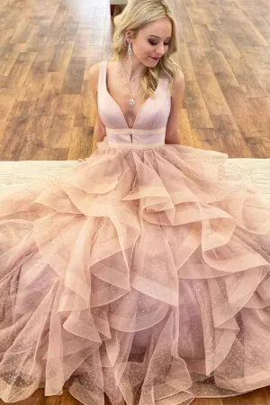 A Line Straps Deep V Neck Sleeveless Lace Appliques Long Tulle Pink Prom Dress OHC238