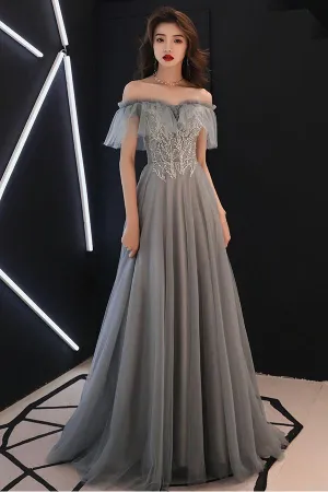 A Line Sweetheart Floor Length Gray Tulle Sweetheart Long Formal Prom Dress With Applique OHC431