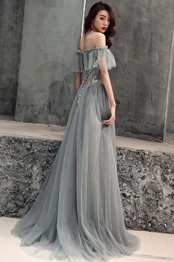 A Line Sweetheart Floor Length Gray Tulle Sweetheart Long Formal Prom Dress With Applique OHC431