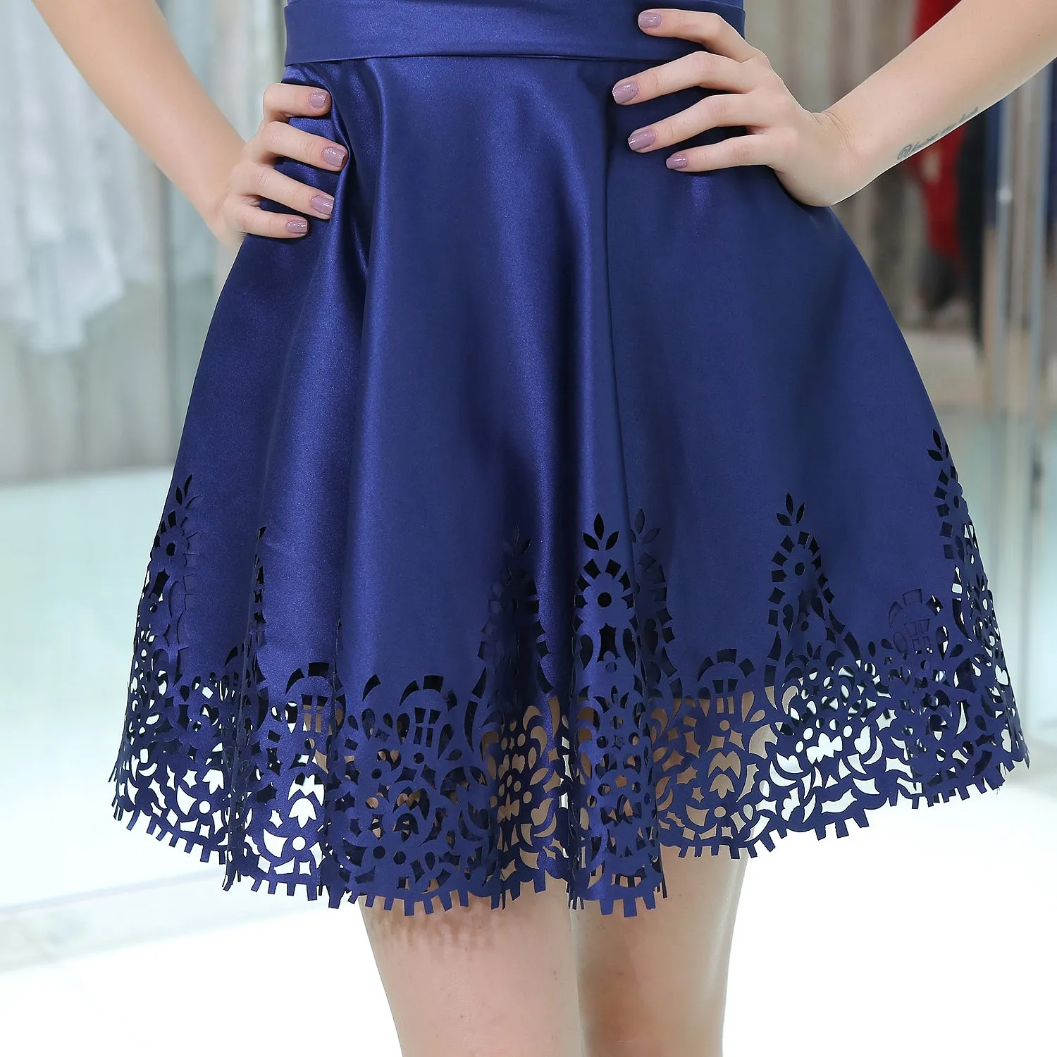 A-line V-neck Backless Lace Appliques Short Homecoming Dresses, HD0503