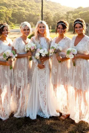 A-Line V-Neck Cap Sleeves Floor-Length Lace Bridesmaid Dress OHS073