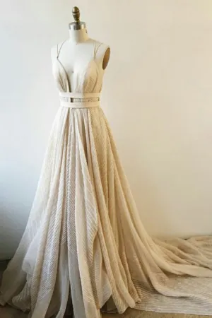 A-Line V-Neck Court Train Light Champagne Lace Prom Dress OHC068